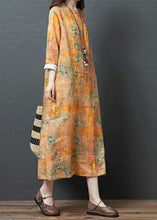 Load image into Gallery viewer, Vintage Yellow O-Neck Print Tie Waist Linen Holiday Dress Spring