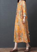 Load image into Gallery viewer, Vintage Yellow O-Neck Print Tie Waist Linen Holiday Dress Spring