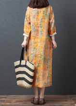 Load image into Gallery viewer, Vintage Yellow O-Neck Print Tie Waist Linen Holiday Dress Spring