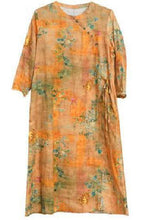 Load image into Gallery viewer, Vintage Yellow O-Neck Print Tie Waist Linen Holiday Dress Spring