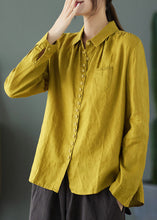 Load image into Gallery viewer, Vintage Yellow Peter Pan Collar Embroideried Linen Shirt Long Sleeve