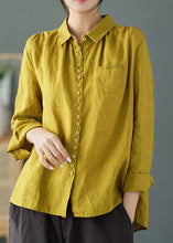 Load image into Gallery viewer, Vintage Yellow Peter Pan Collar Embroideried Linen Shirt Long Sleeve
