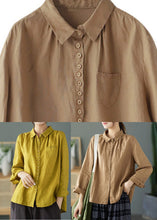 Load image into Gallery viewer, Vintage Yellow Peter Pan Collar Embroideried Linen Shirt Long Sleeve