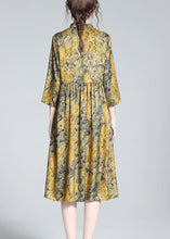 Load image into Gallery viewer, Vintage Yellow Stand Collar Print Button Silk Maxi Dress Summer