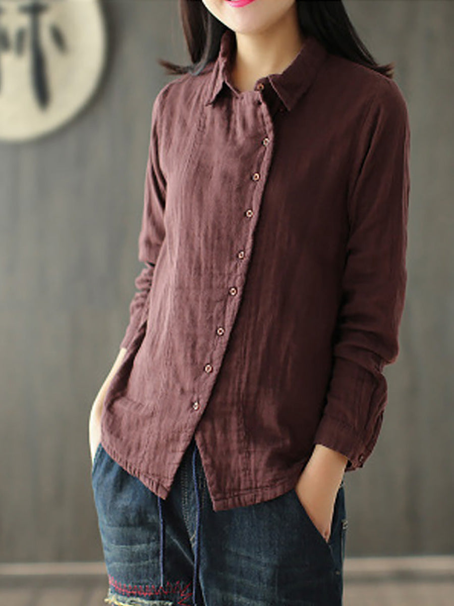 Plus Size - Retro  Solid Color Long Sleeve 100% Cotton Shirt