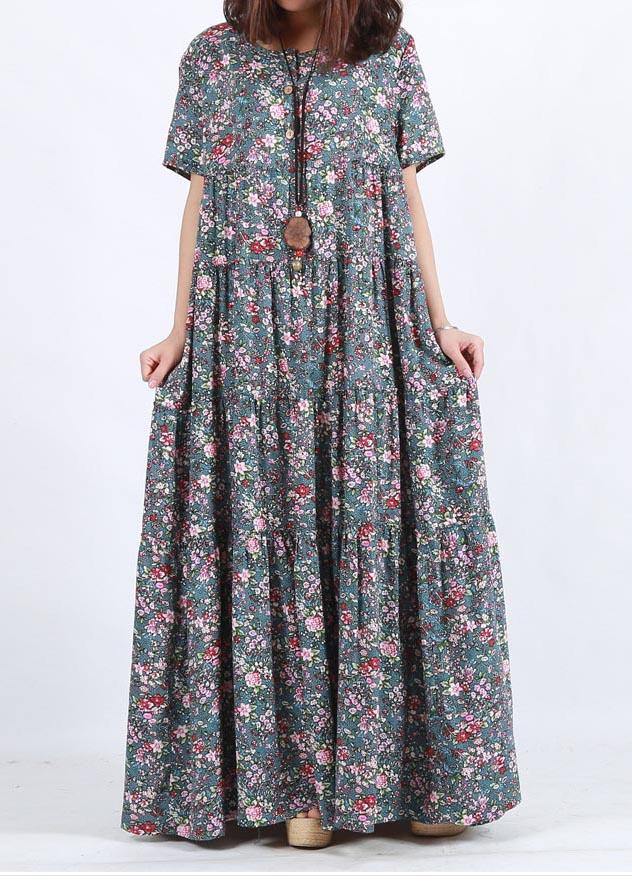 Vivid Blue Print Clothes O Neck Patchwork Maxi Summer Dress
