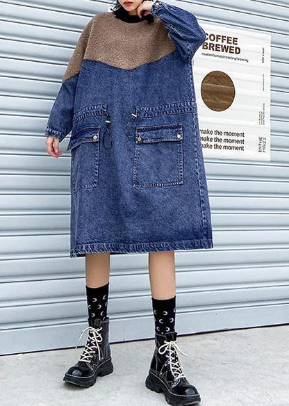 Vivid Denim Blue Clothes Women Patchwork Drawstring Robe Spring Dresses