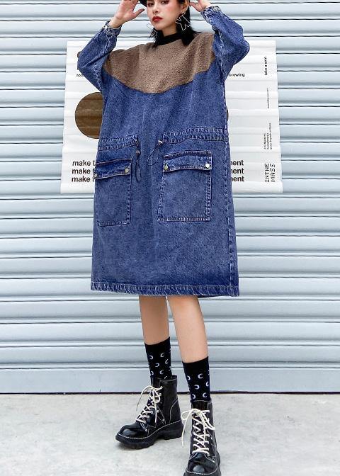 Vivid Denim Blue Clothes Women Patchwork Drawstring Robe Spring Dresses