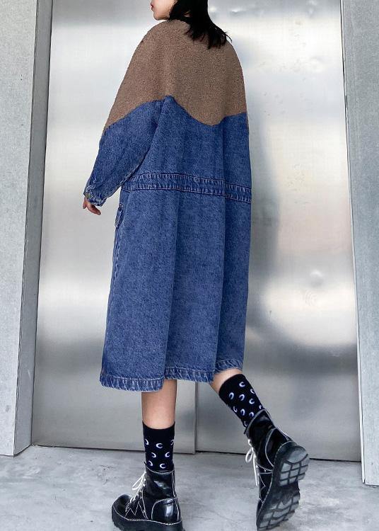 Vivid Denim Blue Clothes Women Patchwork Drawstring Robe Spring Dresses