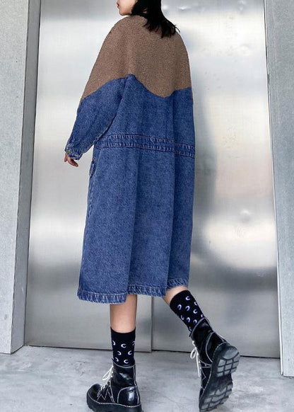 Vivid Denim Blue Clothes Women Patchwork Drawstring Robe Spring Dresses