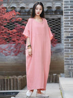 Vivid o neck half sleeve cotton linen quilting clothes Neckline pink Dress