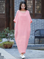Vivid o neck half sleeve cotton linen quilting clothes Neckline pink Dress