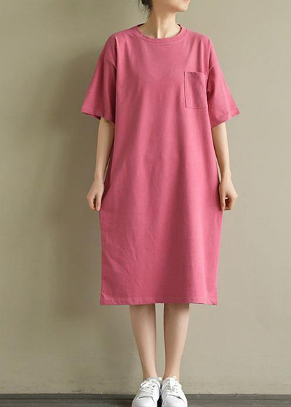 Vivid o neck pockets Cotton tunic Tutorials pink Dress summer