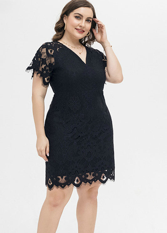 Vogue Black Hollow Out Lace Mid Dress Short Sleeve