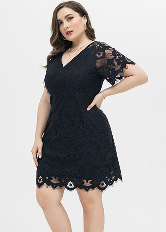 Vogue Black Hollow Out Lace Mid Dress Short Sleeve