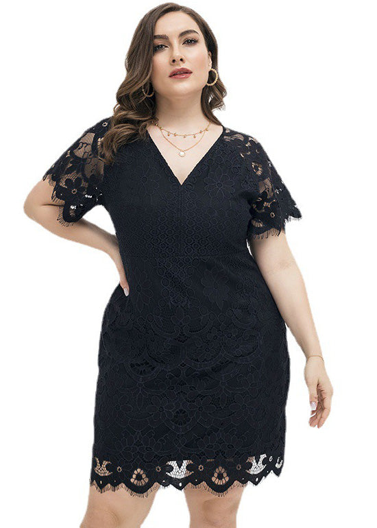 Vogue Black Hollow Out Lace Mid Dress Short Sleeve