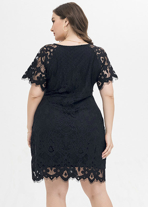 Vogue Black Hollow Out Lace Mid Dress Short Sleeve