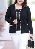 Vogue Black V Neck Patchwork Button Knit Coats Fall