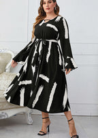 Vogue Black White Patchwork Print High Waist Long Dresses Flare Sleeve