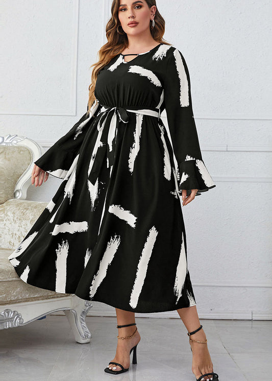 Vogue Black White Patchwork Print High Waist Long Dresses Flare Sleeve