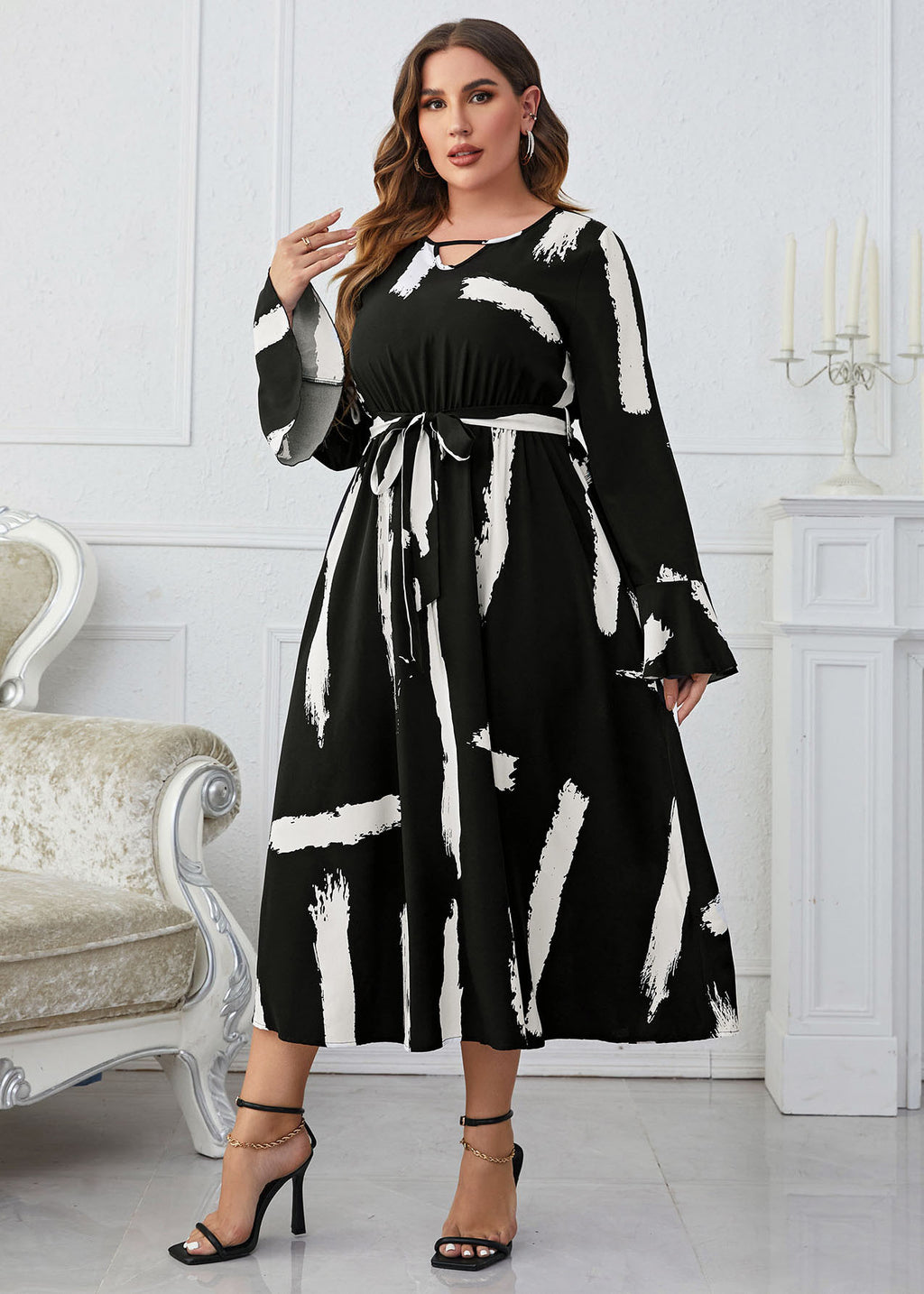 Vogue Black White Patchwork Print High Waist Long Dresses Flare Sleeve