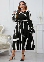 Vogue Black White Patchwork Print High Waist Long Dresses Flare Sleeve
