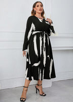 Vogue Black White Patchwork Print High Waist Long Dresses Flare Sleeve