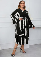 Vogue Black White Patchwork Print High Waist Long Dresses Flare Sleeve