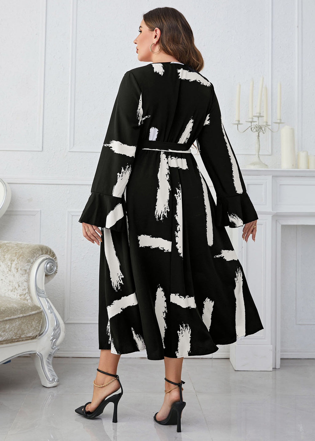 Vogue Black White Patchwork Print High Waist Long Dresses Flare Sleeve