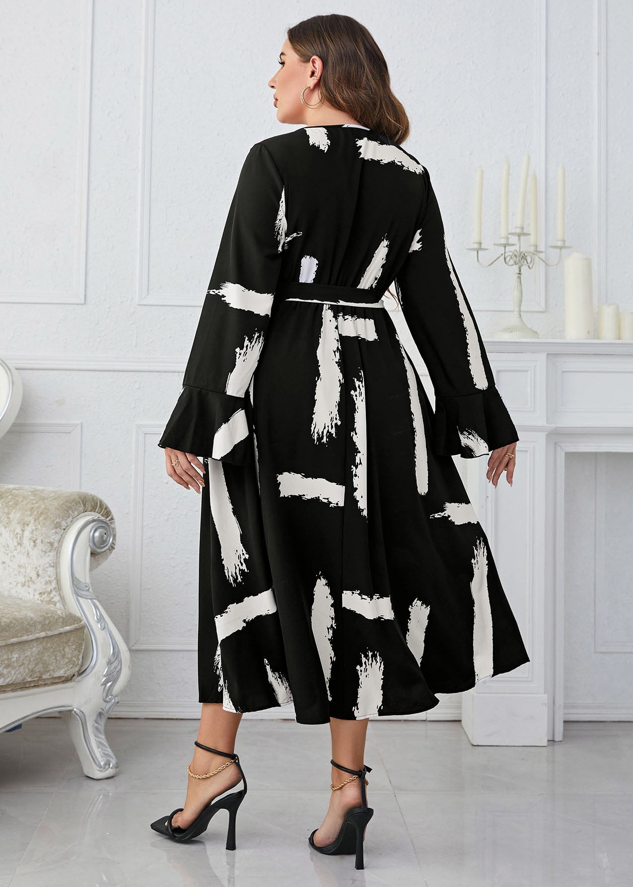 Vogue Black White Patchwork Print High Waist Long Dresses Flare Sleeve