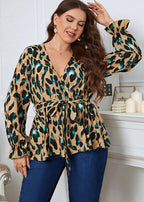 Vogue Ginger Print Tie Waist Chiffon Shirts Long Sleeve