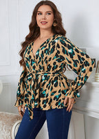 Vogue Ginger Print Tie Waist Chiffon Shirts Long Sleeve