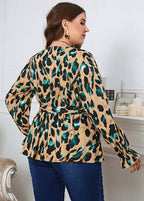 Vogue Ginger Print Tie Waist Chiffon Shirts Long Sleeve