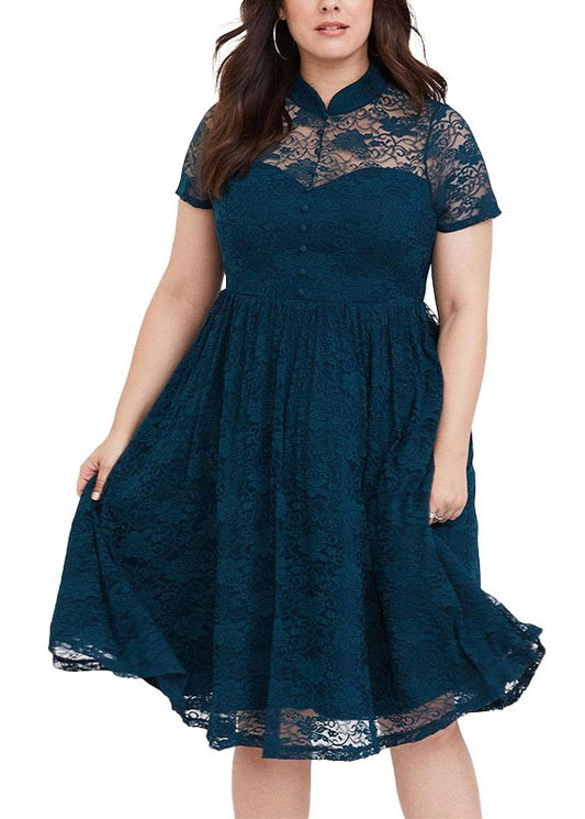 Vogue Navy Blue Stand Collar Wrinkled Patchwork Lace Holiday Mid Dress Short Sleeve