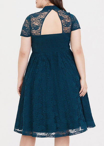 Vogue Navy Blue Stand Collar Wrinkled Patchwork Lace Holiday Mid Dress Short Sleeve