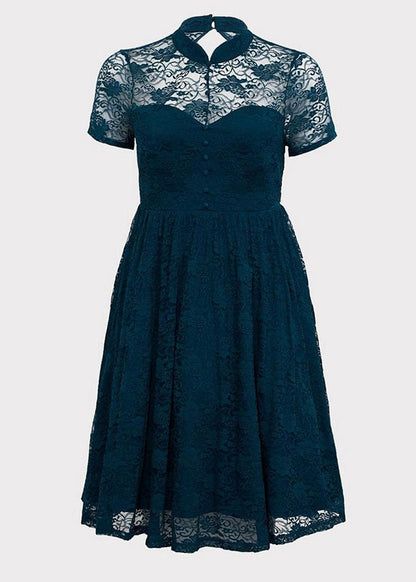 Vogue Navy Blue Stand Collar Wrinkled Patchwork Lace Holiday Mid Dress Short Sleeve