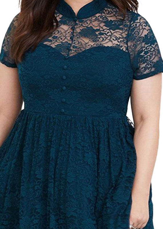 Vogue Navy Blue Stand Collar Wrinkled Patchwork Lace Holiday Mid Dress Short Sleeve