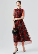 Load image into Gallery viewer, Vogue Red Ruffled Print Patchwork Tulle Long Dress Summer