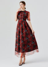 Load image into Gallery viewer, Vogue Red Ruffled Print Patchwork Tulle Long Dress Summer