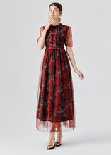Load image into Gallery viewer, Vogue Red Ruffled Print Patchwork Tulle Long Dress Summer