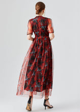 Load image into Gallery viewer, Vogue Red Ruffled Print Patchwork Tulle Long Dress Summer