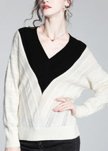 Load image into Gallery viewer, Vogue White V Neck Thick Patchwork Woolen Sweaters Spring
