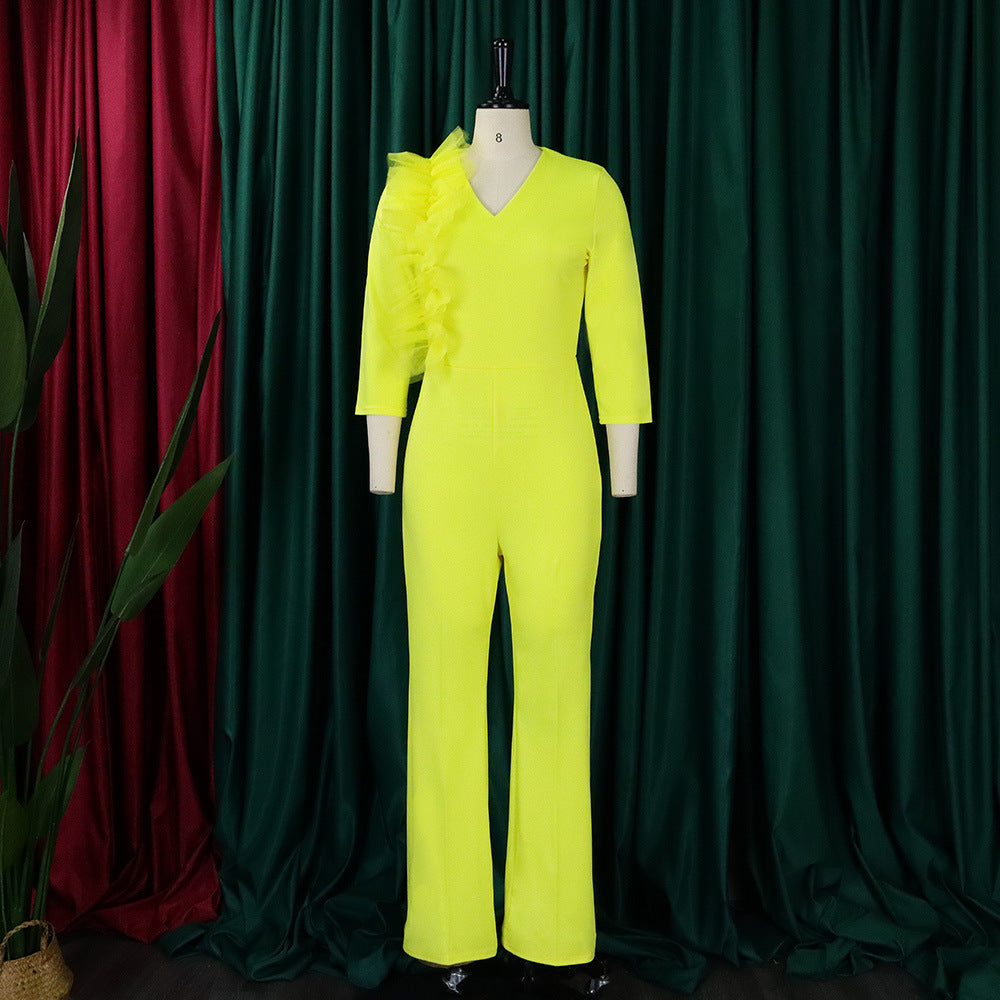 Vogue Yellow V Neck Zippered Patchwork Floral Spandex Wide Leg Jumpsuits Fall