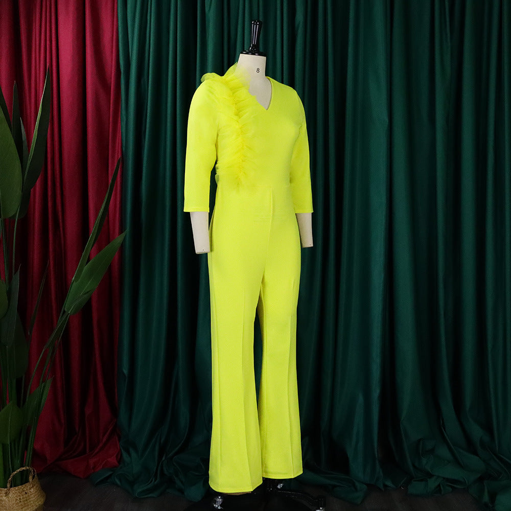 Vogue Yellow V Neck Zippered Patchwork Floral Spandex Wide Leg Jumpsuits Fall