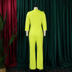 Vogue Yellow V Neck Zippered Patchwork Floral Spandex Wide Leg Jumpsuits Fall