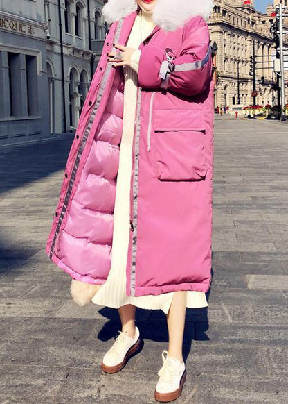Warm Loose fitting womens parka Jackets pink hooded zippered down coat winter