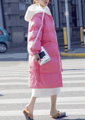 Warm pink down coat winter Loose fitting down jacket hooded drawstring fine coats