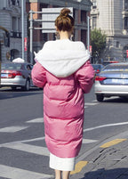 Warm pink down coat winter Loose fitting down jacket hooded drawstring fine coats