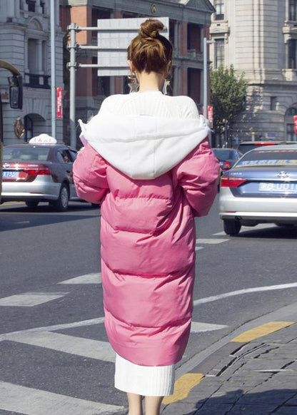 Warm pink down coat winter Loose fitting down jacket hooded drawstring fine coats
