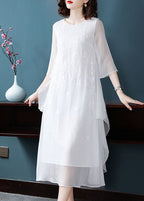 White Chiffon Long Dress Embroideried Asymmetrical Design Summer